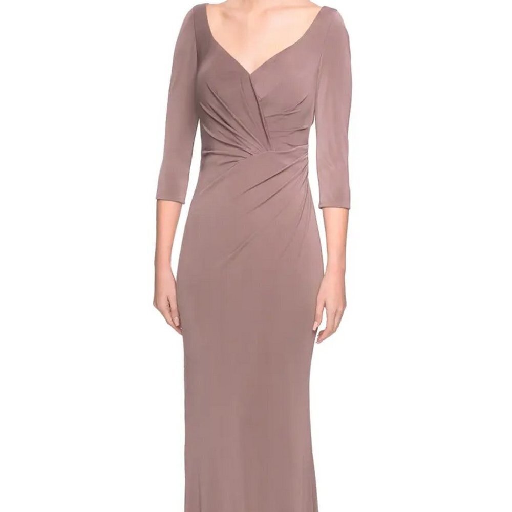 La Femme Cocoa Brown 3/4 Sleeve Ruched Jersey Column Gown